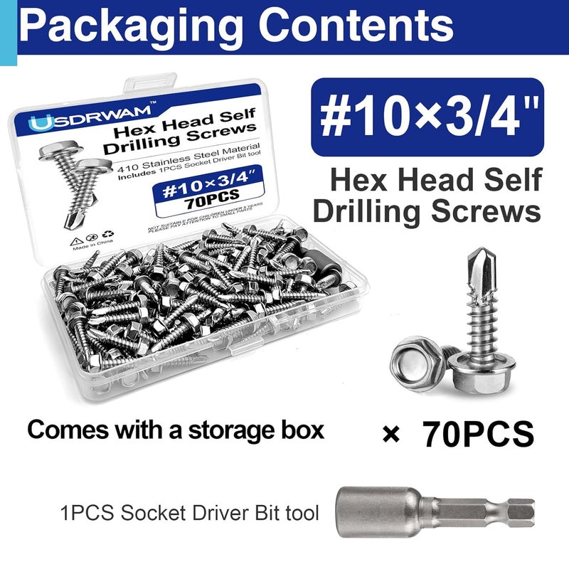 Usdrwam 70Pcs #10×3/4" Self Tapping Screws for Metal, 410 Stainless Steel Hex Washer Head Sheet Metal Screw - Image 3